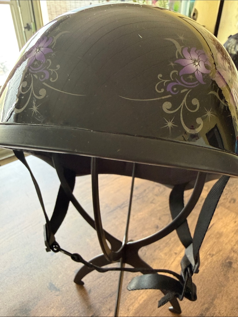 Women's Black Helmet with Purple Floral Accents